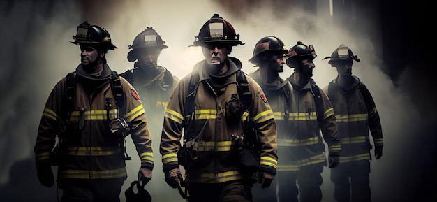 Group of firefighters wearing fireman suit walking form the smoke Front view generative ai