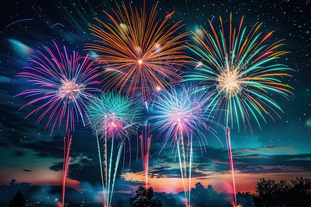 A group of fireworks are lit up in the night sky