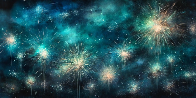 A group of fireworks going over a blue background