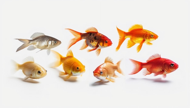 A group of fish in a line, one of which is a goldfish.