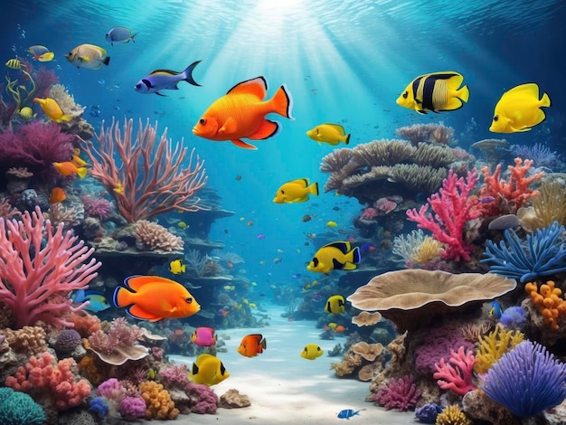 A group of fish swimming in a coral reef with sun shining through the water