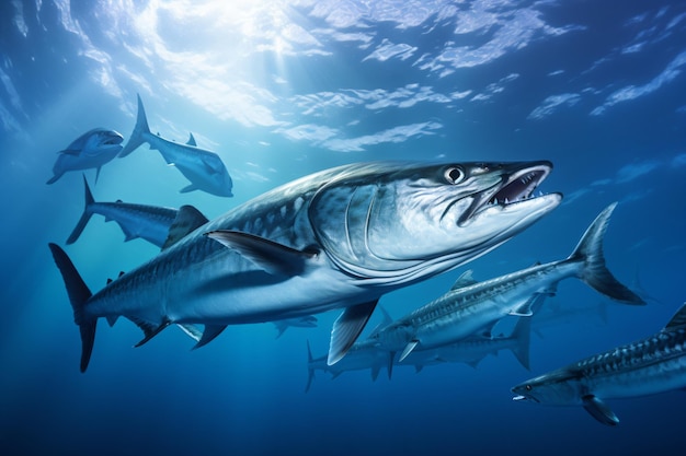 a group of fish swimming in the ocean