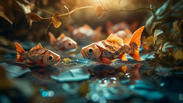 Группа рыб плавает в пруду