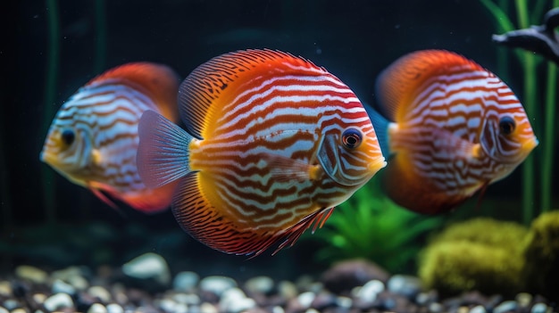 Photo a group of fish in a tank with the white stripes on the bottom.