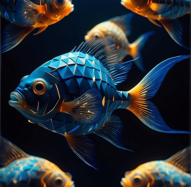 a group of fish with blue and orange fins and a blue fish in the middle