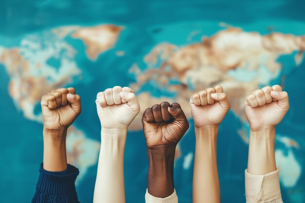 Group of fists with the map of the world behind union against cancer