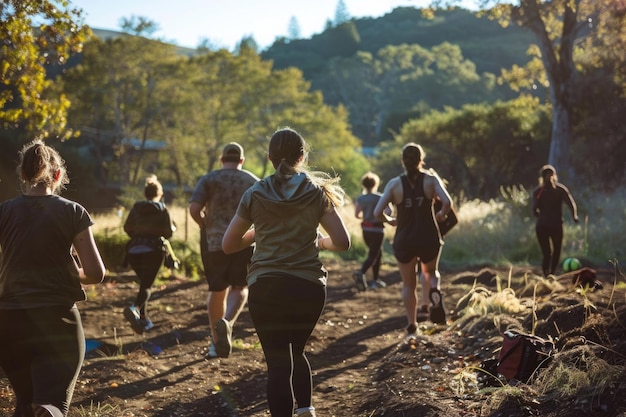 운동복을 입은 피트니스 애호가 그룹이 자연에 둘러싸인 먼지 길을 달리고 결단력과 팀워크를 보여주고 있습니다.