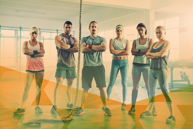 Group fitness portrait and people at gym for exercise workout and training goals Serious men and women team with arms crossed together for rope challenge power or commitment at club with overlay