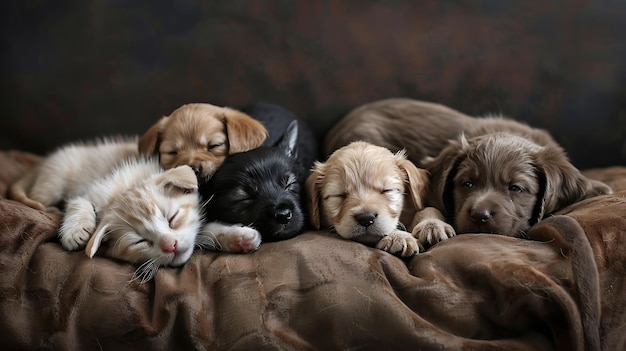 A group of five adorable puppies and one kitten sleeping on a soft blanket The perfect picture of peace and tranquility