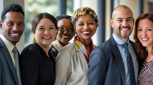 Photo a group of five business professionals posed for a photo they are all smiling and wearing formal business attire