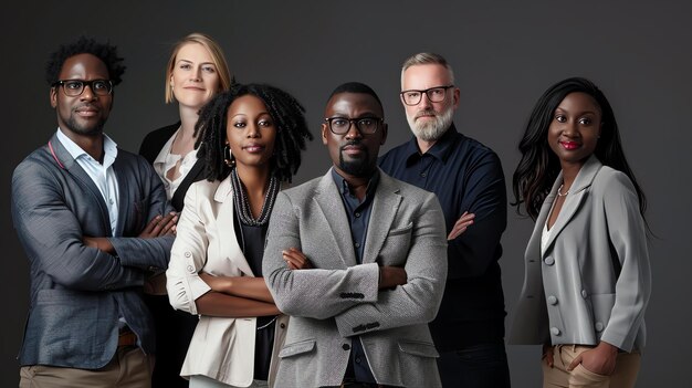 A group of five business professionals posing in a confident and powerful manner