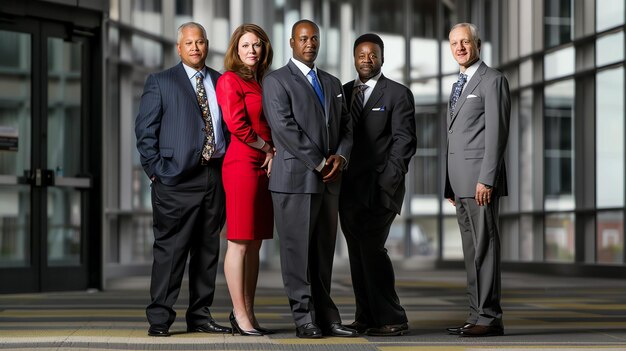 Photo a group of five business professionals posing in a modern office building they are all wearing suits or formal business attire