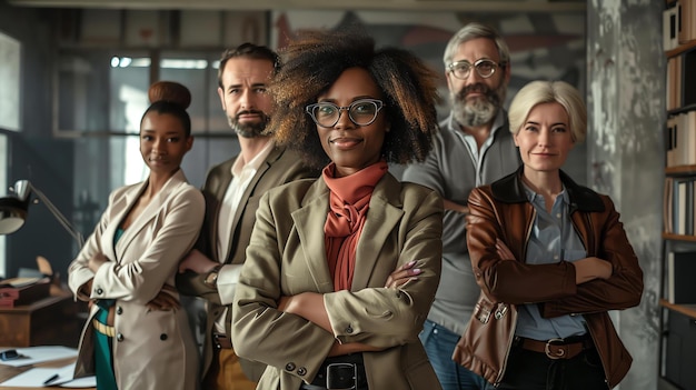 Foto un gruppo di cinque professionisti d'affari che posano in un ufficio sono tutti sorridenti e guardano la telecamera