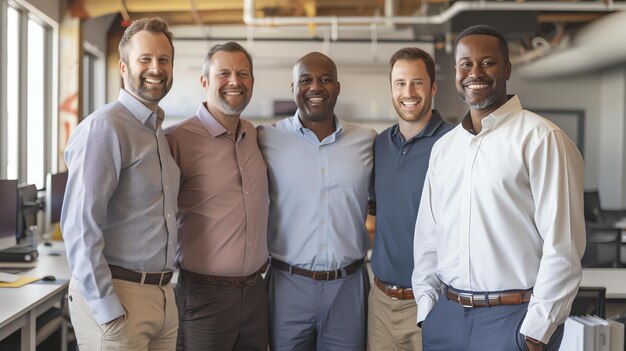 Photo a group of five business professionals posing for a photo in an office setting they are all smiling and wearing casual business attire