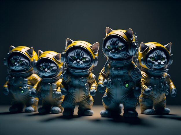 Photo a group five cute astronaut cats 3d illustration