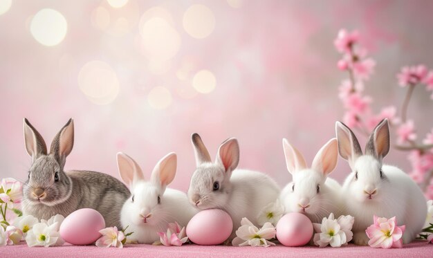 Group of five cute baby bunnies adorable rabbits with easter eggs and spring flowers