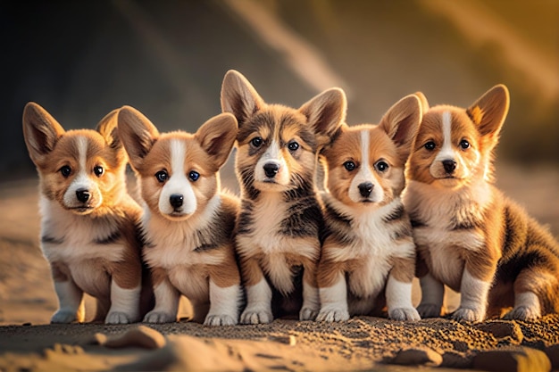 Group of five cute corgi puppies on sunset light at summer day outdoor.