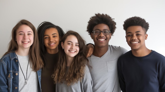 Группа из пяти разных улыбающихся подростков позируют вместе