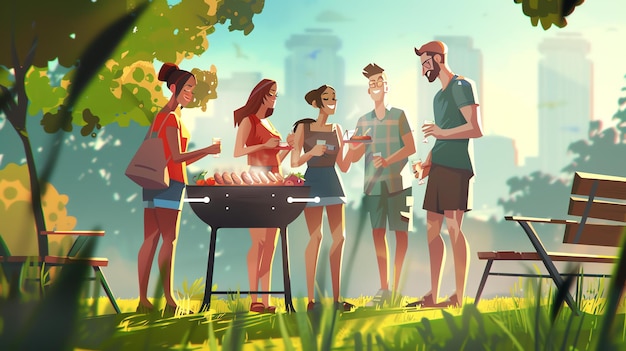 Foto un gruppo di cinque amici sta facendo un barbecue in un parco stanno tutti sorridendo e ridendo e godendosi il bel tempo