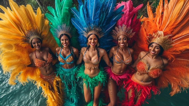 Group of five sexy and beautiful Brazilian woman wearing colorful Carnival costume