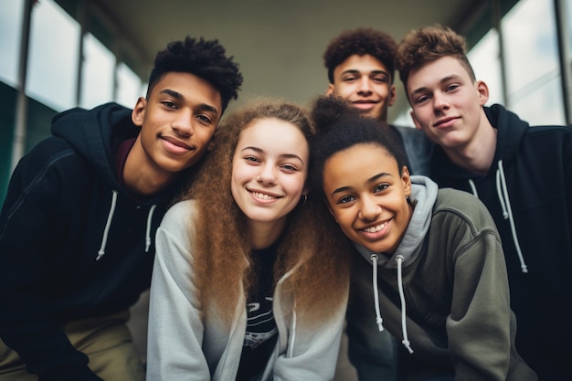 Foto gruppo di cinque adolescenti sorridenti due ragazze e tre ragazzi al liceo