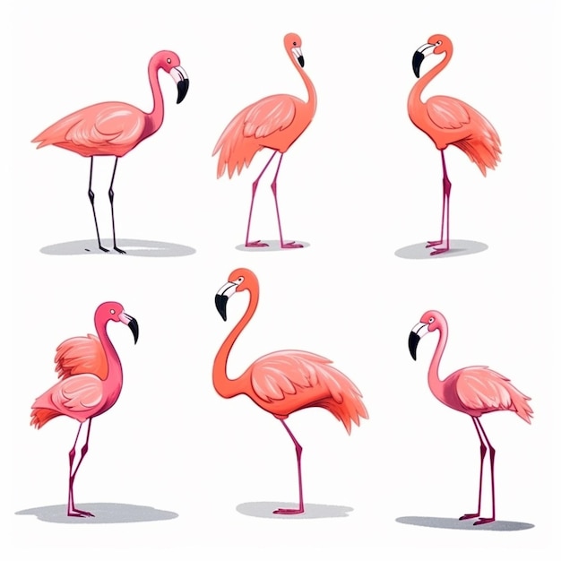 A group of flamingos standing and sitting on a white background generative ai