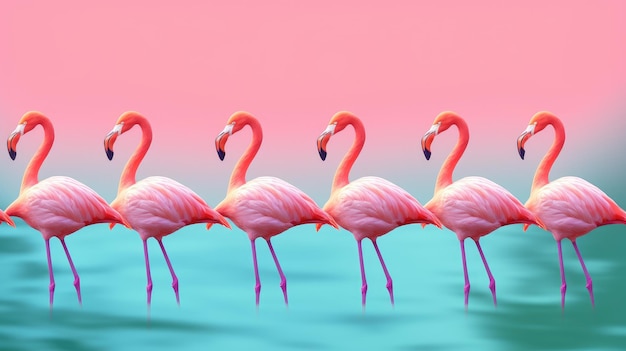 A group of flamingos walk across a pink and blue background.