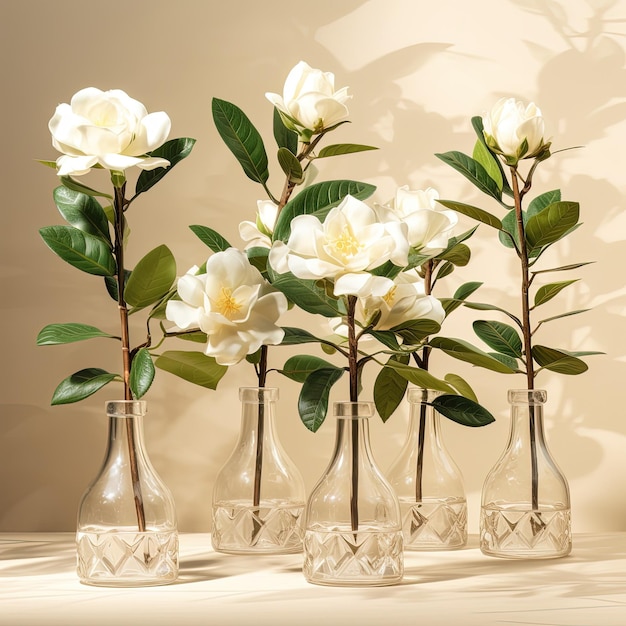 A group of flowers are in small vases with leaves and stems.