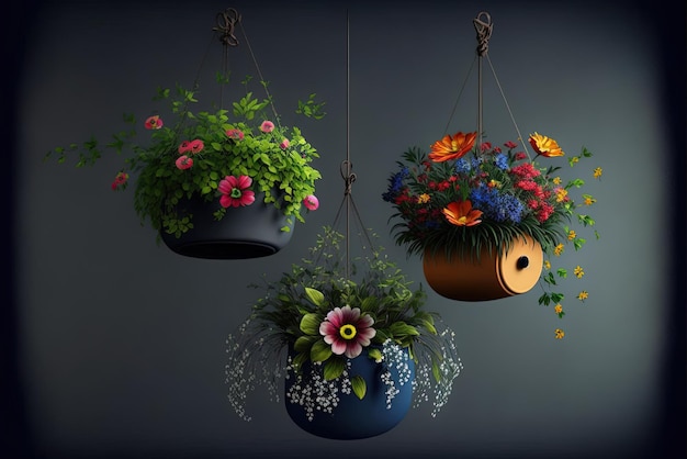 A group of flowers for decoration kept in hanging pots