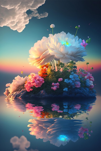 Photo group of flowers floating on top of a body of water generative ai