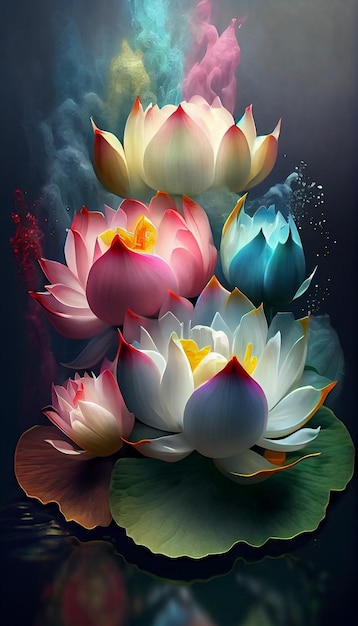 Group of flowers floating on top of a body of water generative ai