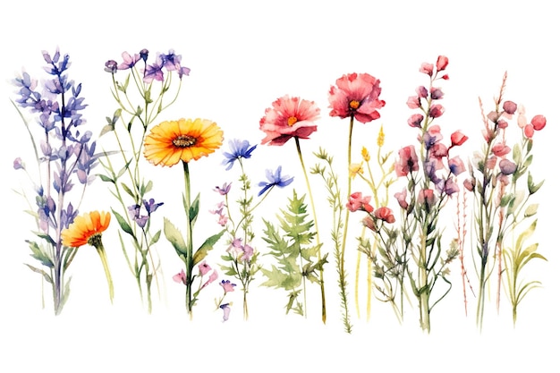 A group of flowers painted in watercolor on a white background Generative AI image