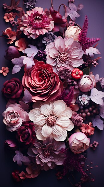 a group of flowers on a purple background