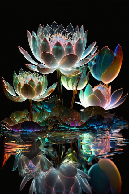 Group of flowers sitting on top of a body of water generative ai