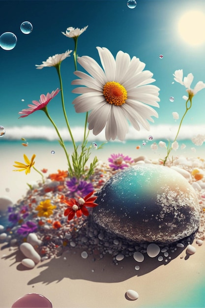 Group of flowers sitting on top of a sandy beach generative ai