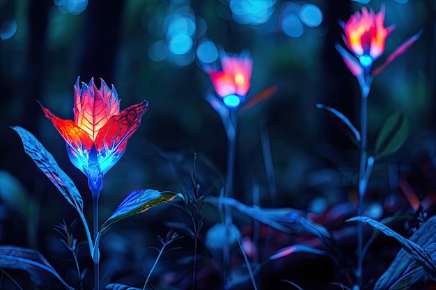 Photo a group of flowers that are glowing in the dark invent a whimsical plant with bioluminescent flowers that glow in different colors at night