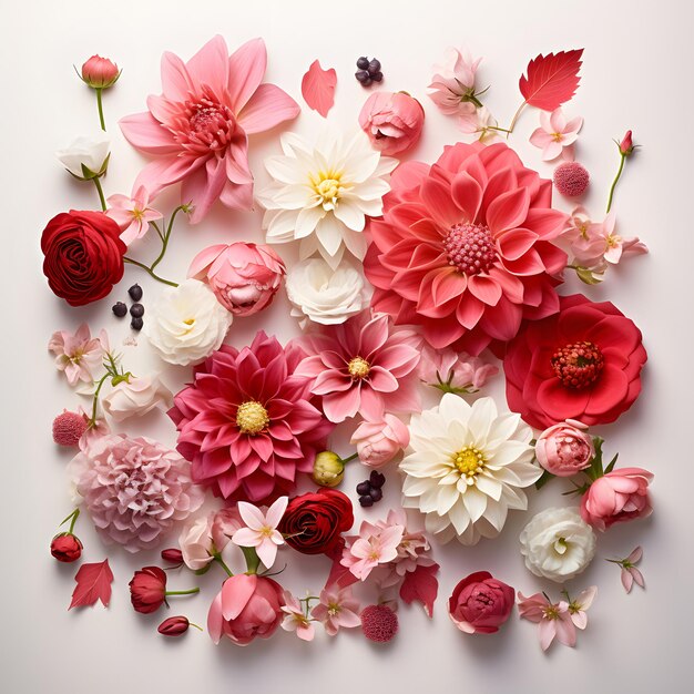 a group of flowers on a white surface