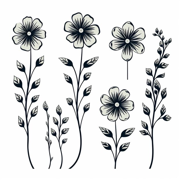 Photo a group of flowers with leaves and stems on a white background generative ai