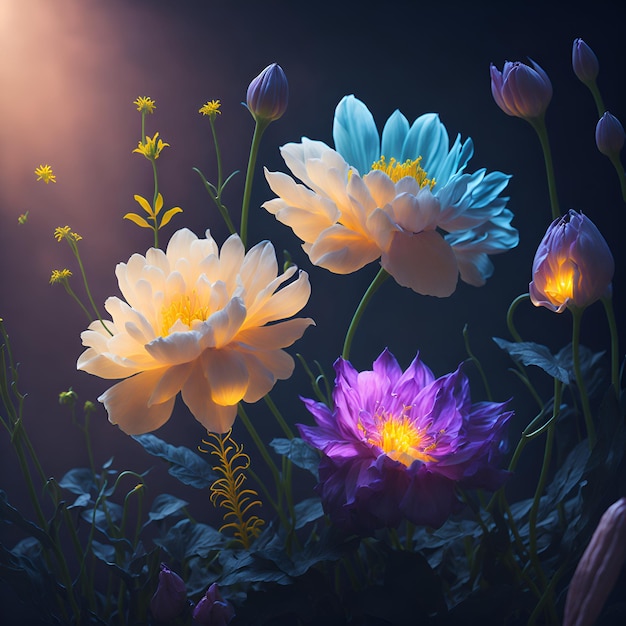 A group of flowers with the light shining on them