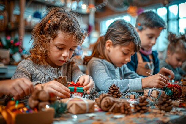 Photo group of focused children engaged in creative christmas crafts decoration at workshop table