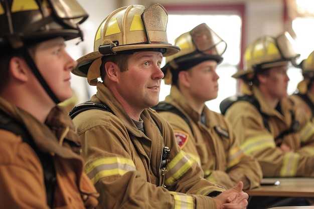 Group of focused firefighters in gear attending a briefing