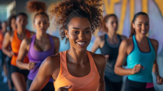 Group of focused people sprinting during a highenergy workout session in a gym