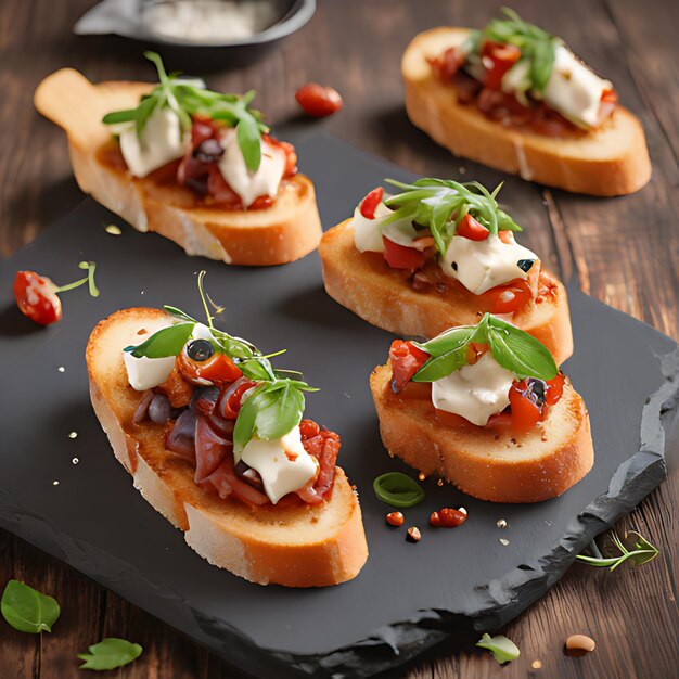 Photo a group of food on a cutting board with a black board with a white plate with a red pepper and parsley