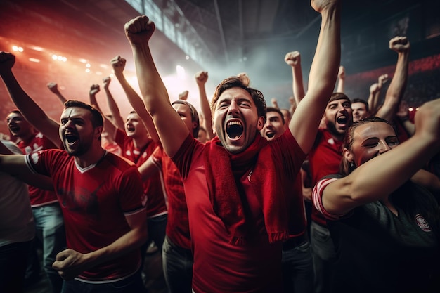 Group of football fans are cheering for their team victory mix colour t shirt Generative ai