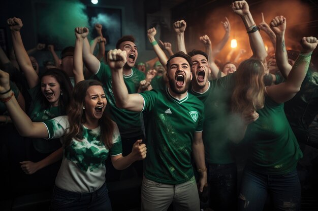 Foto un gruppo di tifosi di calcio fa il tifo per la maglietta dei colori del mix di vittoria della loro squadra. ai generativa