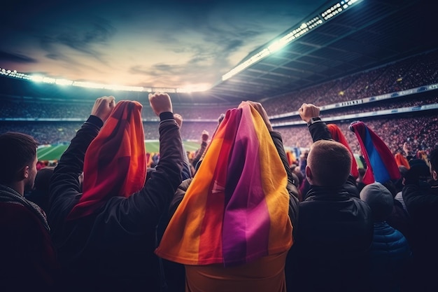 サッカーファンのグループがチームの勝利を応援しているミックスカラーTシャツジェネレーティブai