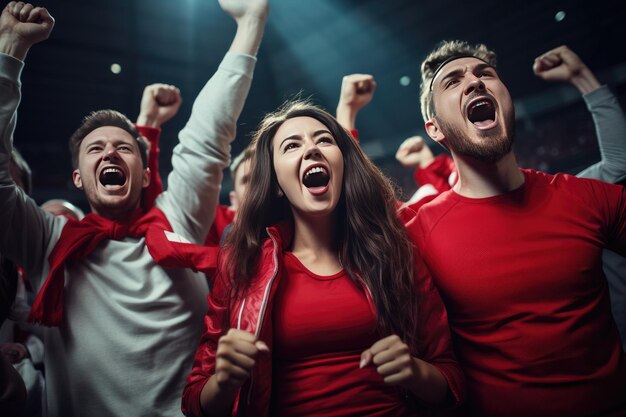 Foto un gruppo di tifosi di calcio fa il tifo per la maglietta dei colori del mix di vittoria della loro squadra. ai generativa