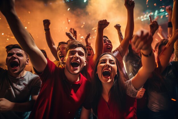 Photo group of football fans are cheering for their team victory mix colour t shirt generative ai