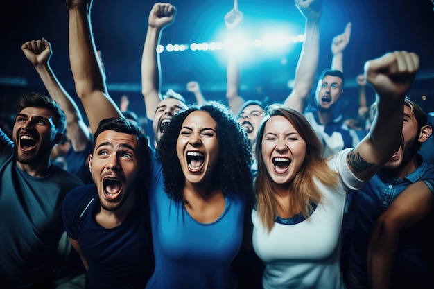 Foto un gruppo di tifosi di calcio acclamano la vittoria della loro squadra mix color t-shirt generative ai