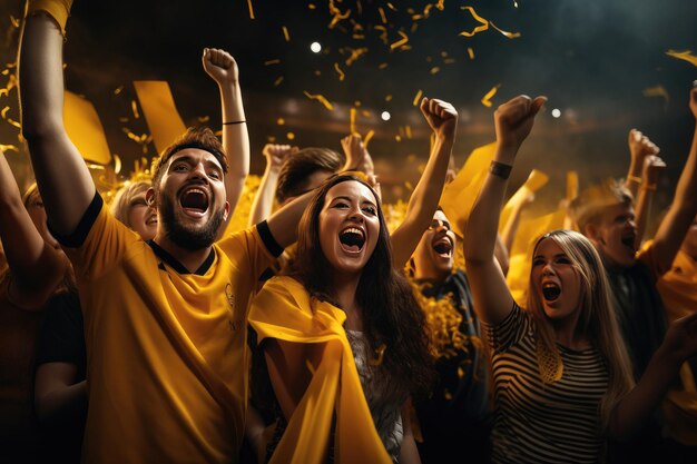 Foto un gruppo di tifosi di calcio acclamano la vittoria della loro squadra mix color t-shirt generative ai